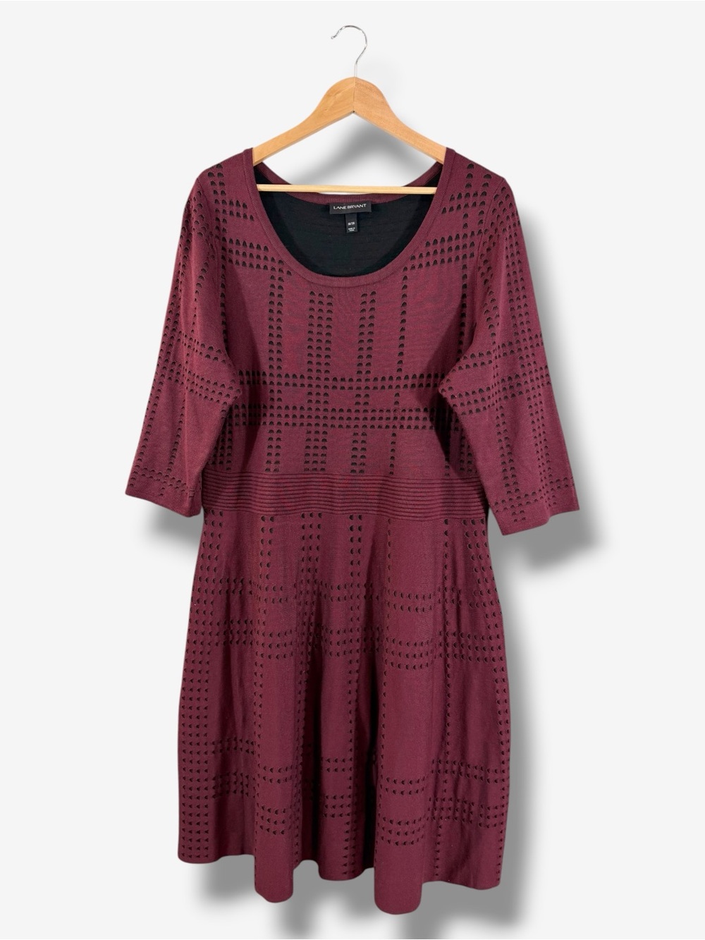 Lane Bryant Burgundy Sweater Knit Dress 18/20 Fit & Flare 3/4 Sleeve Laser Cut
